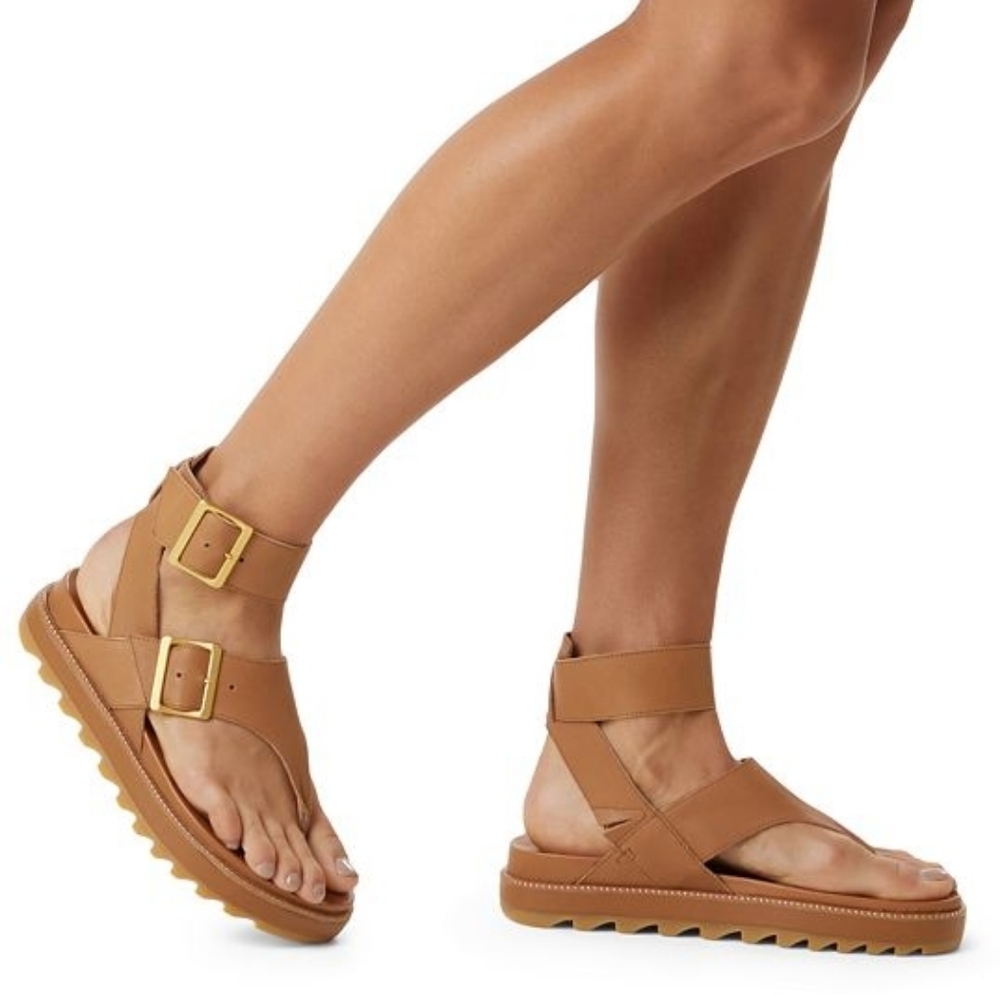 Sorel Brown Leather "Roaming T-Strap" Sandals